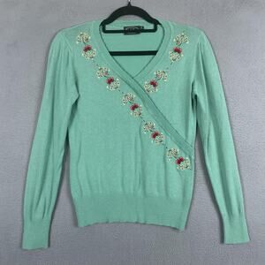 Voodoo Vixen Sweater Womens Small Embroidered Cherry Wrap Retro Pullover Knit